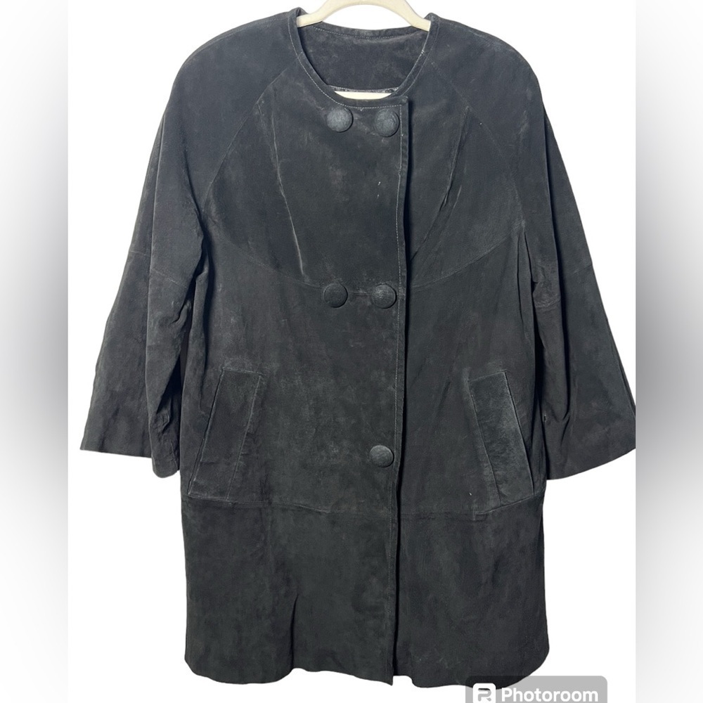 Vintage 90s Adrienne Landau Black Suede Swing Peacoat 100% Leather